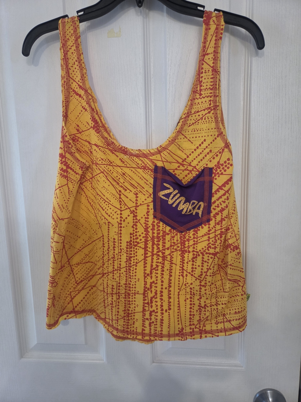 Zumba Fitness Yellow Tank with Red Abstract Print and Purple Patch